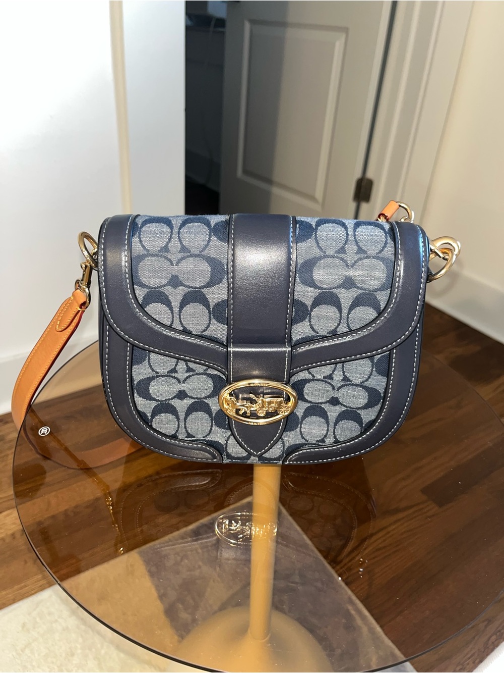 Coach Blue Signature Canvas Saddle Bag with Tan Strap and Gold Hardware
